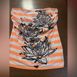 Self Esteem Orange & White Striped tube top with Black Floral Detail